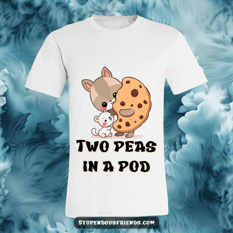 Funny T-Shirt depicting a friendly animal sharing a large cookie with a happy little friend, conveying warmth and generosity.