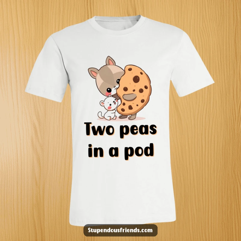 Funny T-Shirt depicting a friendly animal sharing a large cookie with a happy little friend, conveying warmth and generosity.