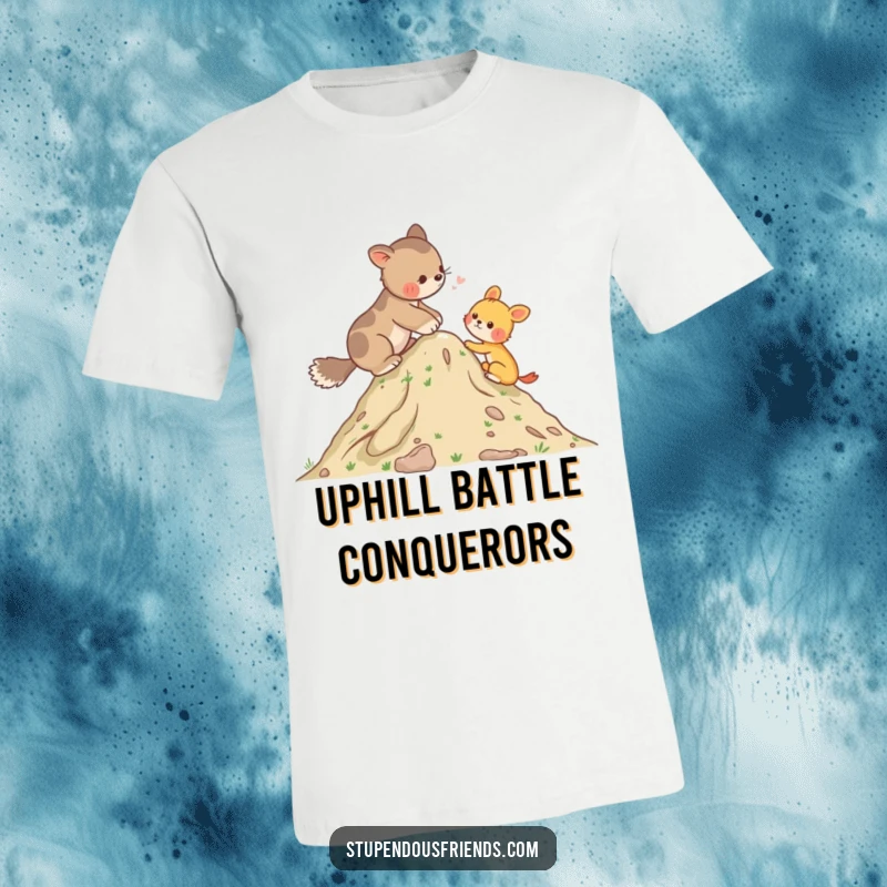 Funny T-Shirt illustrating a supportive animal helping a friend ascend a small hill, symbolizing teamwork and encouragement in a humorous cartoon.