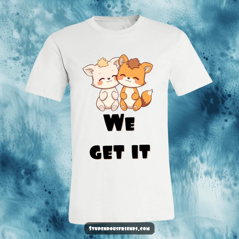 Funny t-shirt featuring two cute animals leaning on each other, erupting in silent laughter, ideal for humor lovers.