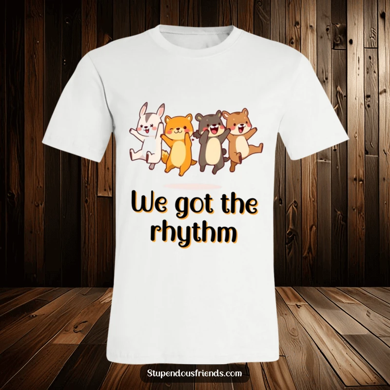 Funny animal characters in mid-air, performing a synchronized, playful leap together with joyful expressions on this t-shirt.