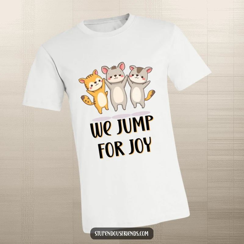Funny t-shirt featuring a circle of diverse animal characters holding hands and leaping energetically in unison.
