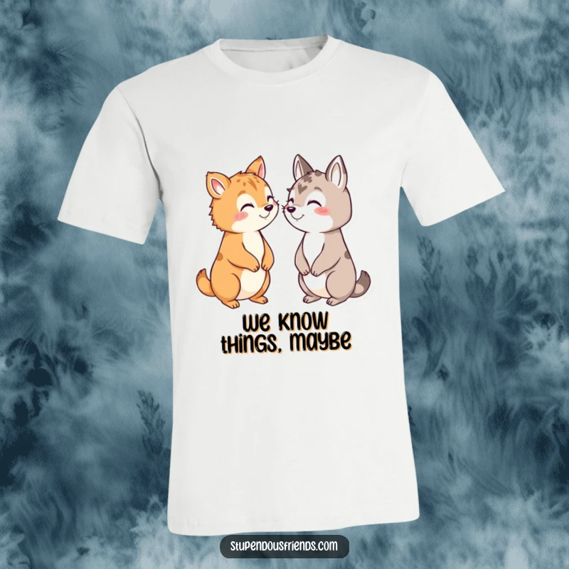 Funny t-shirt with a graphic of animals exchanging secrets with wide, conspiratorial grins and knowing glances.