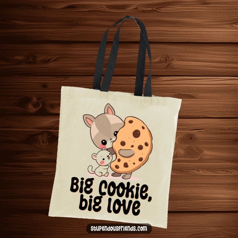 Funny Tote Bag illustrating an animal kindly sharing a huge cookie with a smaller friend, celebrating generosity and companionship.