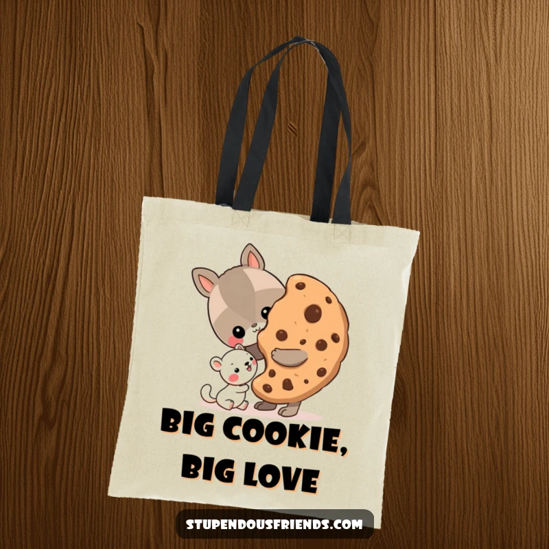 Funny Tote Bag illustrating an animal kindly sharing a huge cookie with a smaller friend, celebrating generosity and companionship.