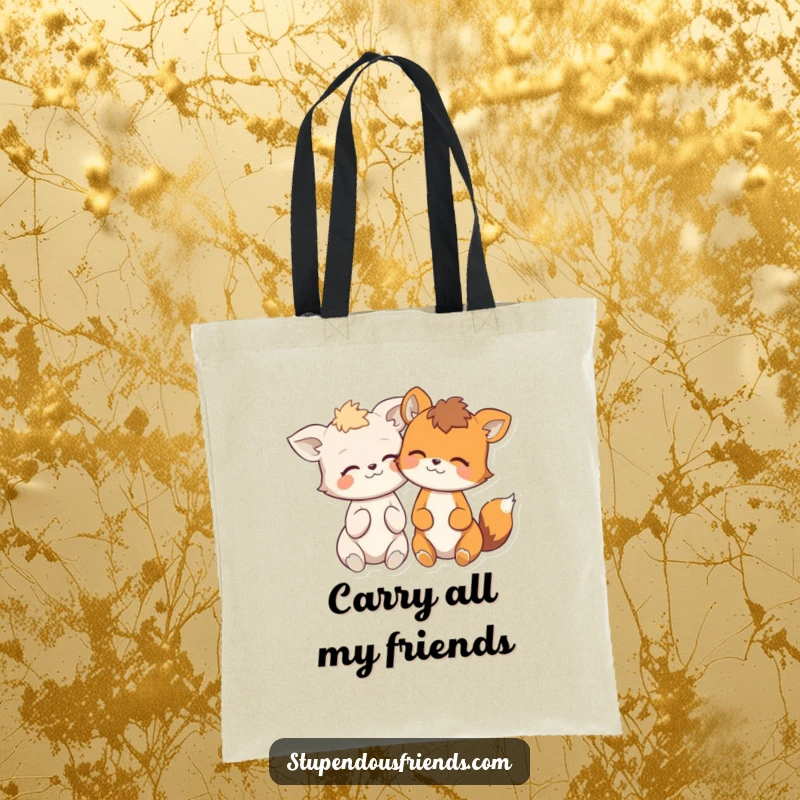 Funny tote bag illustrating two animated animals leaning together, whispering jokes and giggling, great for everyday use.