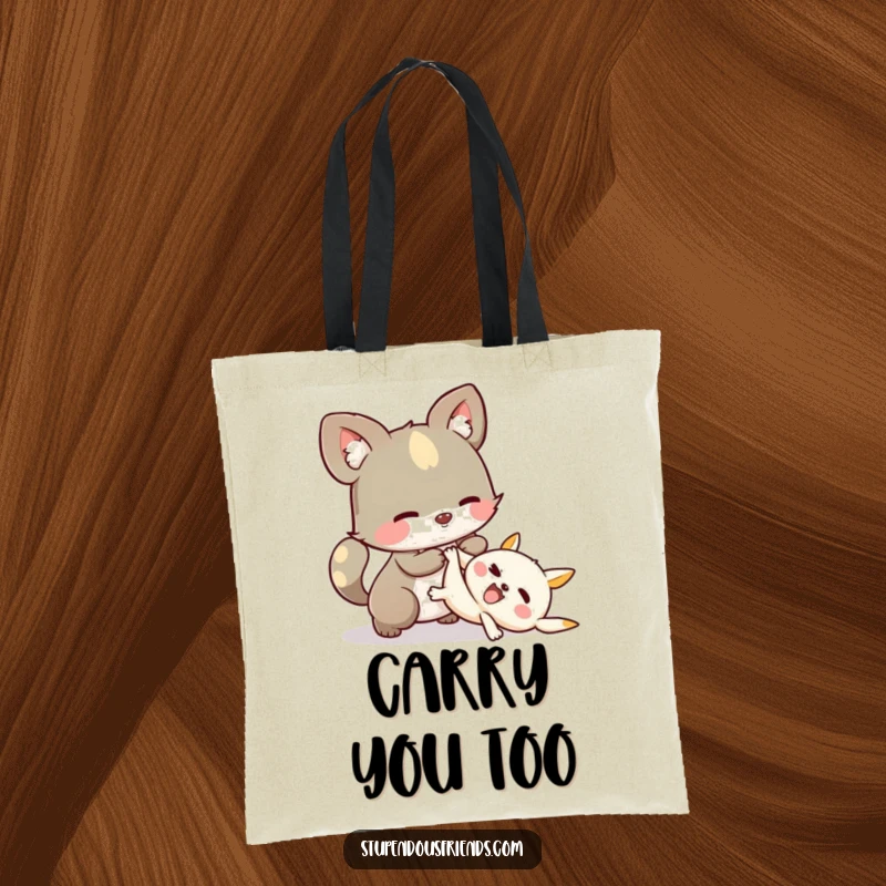 Funny Tote Bag: A whimsical animal character assisting another character up, symbolizing helpfulness and gentle friendship.