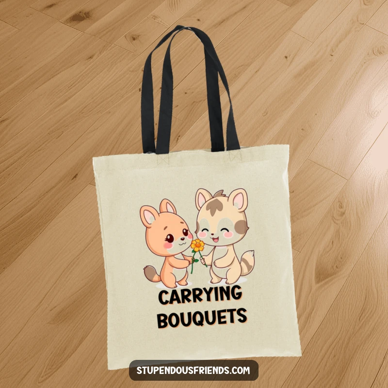 Funny tote bag depicting a smiling animal character holding out a flower as a kind gesture to another.