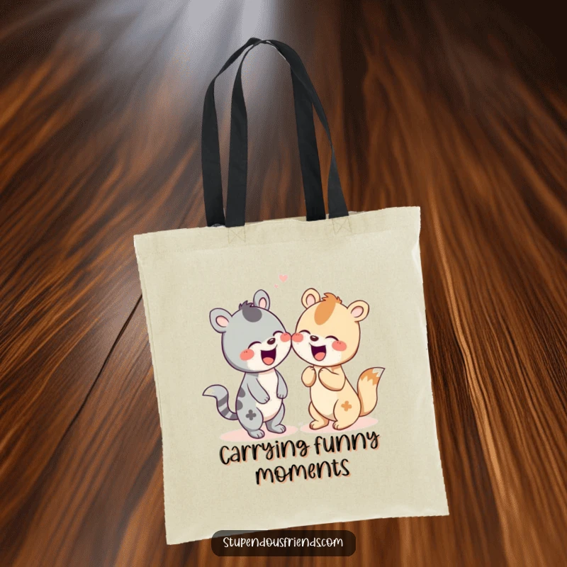 Funny tote bag featuring two adorable animal characters sharing a delightful giggle.