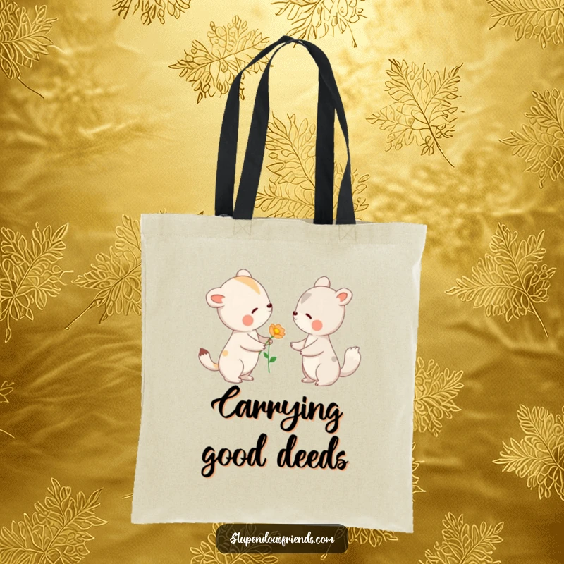 Funny tote bag depicting an animal offering a flower to another with a gentle nod, representing kindness and thoughtful gestures.