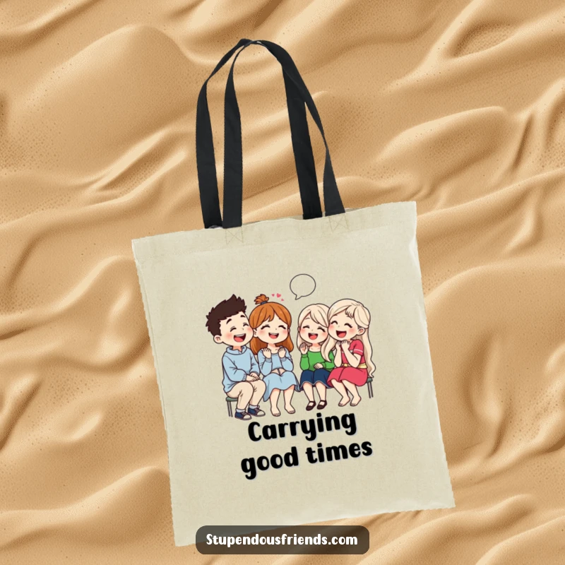 Funny tote bag illustrating a group of friends laughing together while telling jokes, perfect for carrying essentials with a touch of humor.
