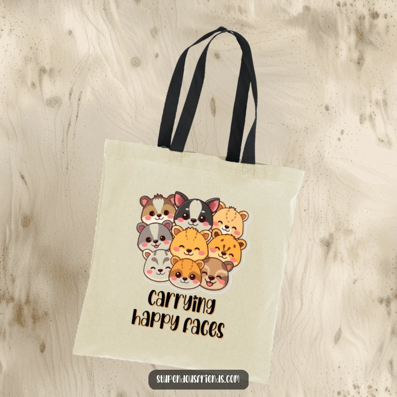 Funny animal smile tote bag featuring a cheerful assortment of beaming animal faces, perfect for stylish and humorous errands. Great funny gift.