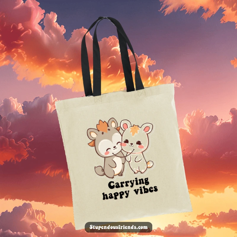 Funny animal friends tote bag, two characters joyfully sharing a giant smiley face, perfect for carrying essentials happily.