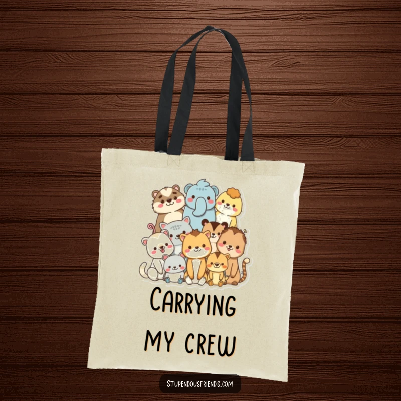 Funny tote bag showing a group of diverse, smiling animal characters huddled together, representing friendship and community.