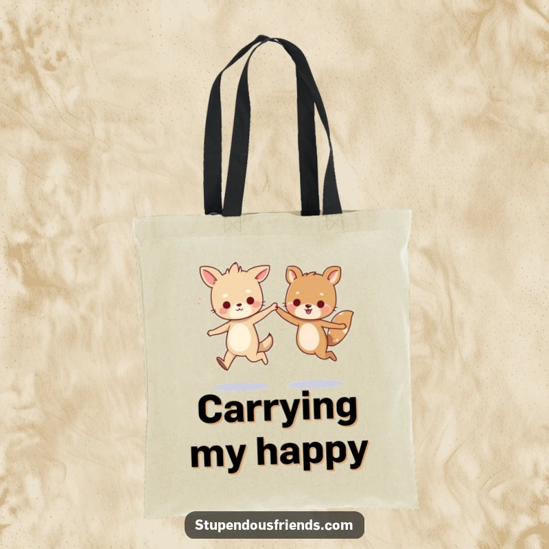 Funny tote bag showcasing two charming animal characters skipping merrily, holding hands, perfect for carrying groceries with a smile and sharing humor.