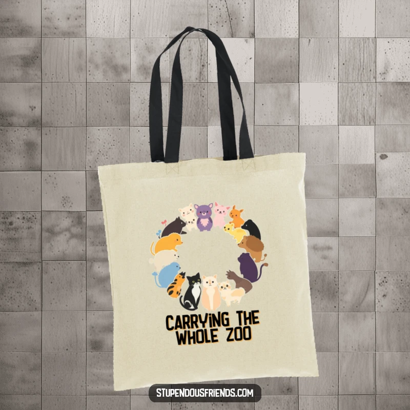 Funny Tote Bag with a circle of diverse animal silhouettes, perfect for carrying items with a wild theme.