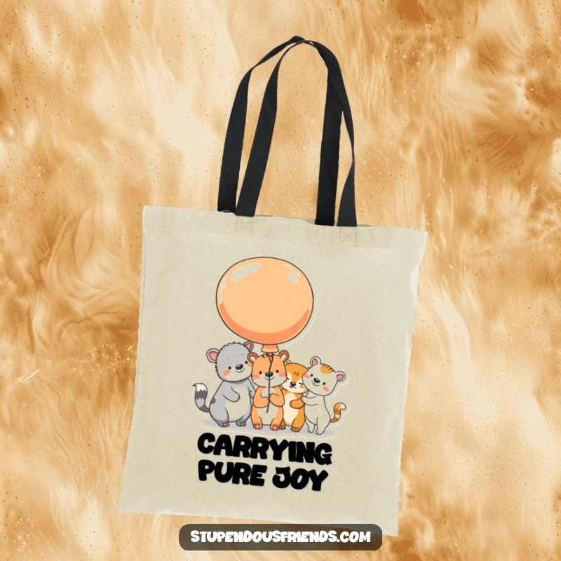 Funny Tote Bag with animal characters sharing a large, colorful balloon, their beaming faces symbolizing shared happiness and a lighthearted spirit.
