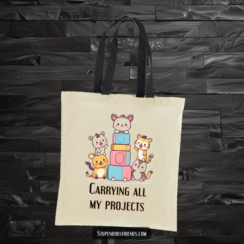 Funny tote bag featuring a charming illustration of smiling animals building a tall, colorful block tower. Great for shopping.