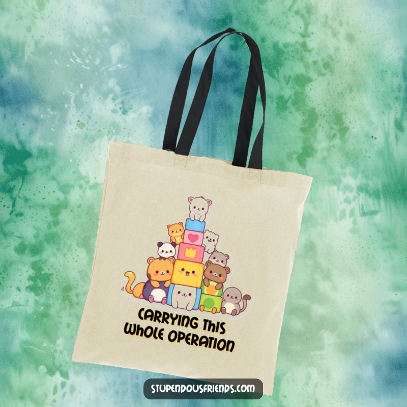 Funny tote bag showcasing animals working together to build a colorful block tower. Excellent funny gift.