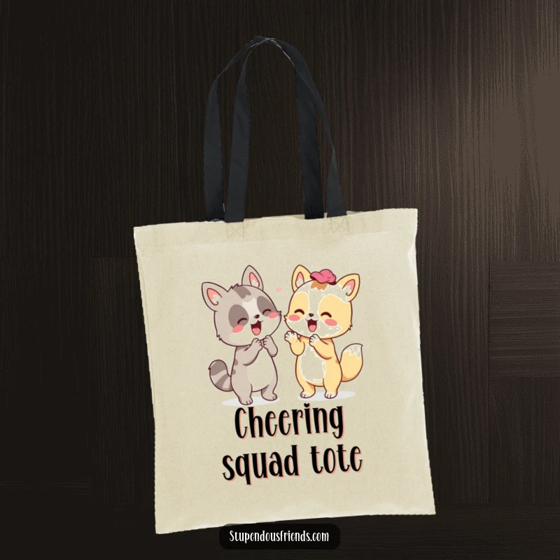 Funny tote bag featuring an animal companion enthusiastically cheering, perfect for carrying supplies with a motivational message.