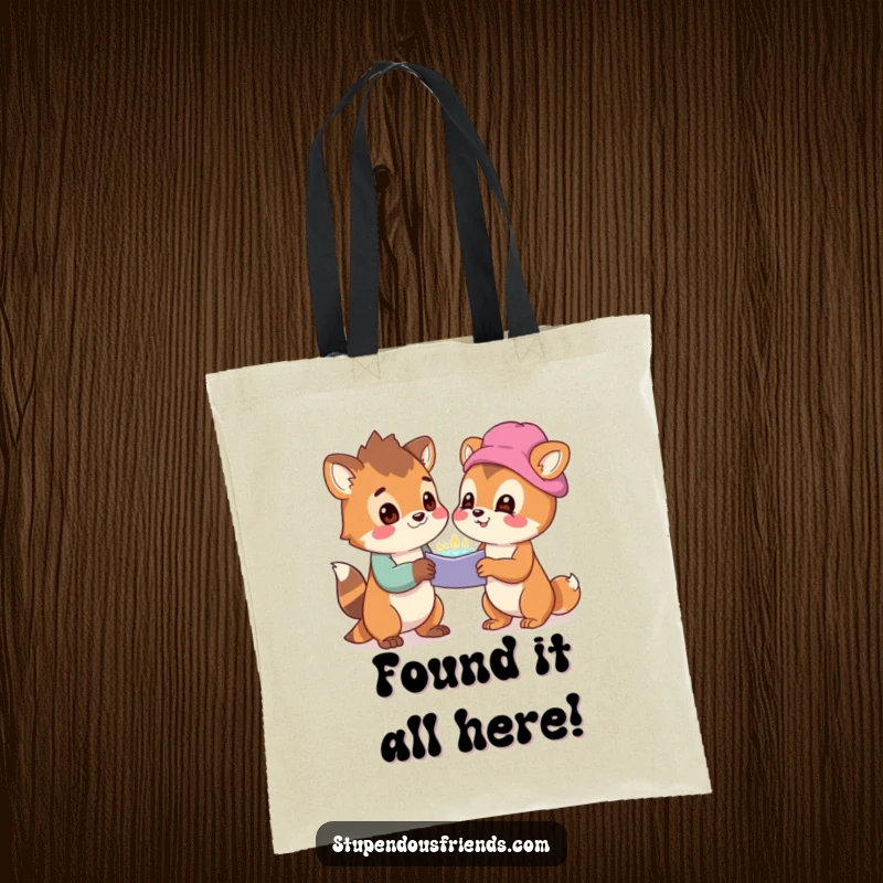 Funny Tote Bag showcasing two animals sharing a delightful discovery, capturing a moment of shared excitement and pure joy.