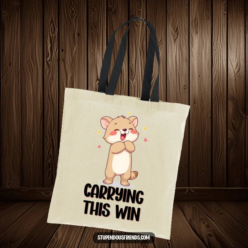 Funny tote bag featuring an endearing animal character triumphantly hugging another, perfect for carrying everyday items with humor.