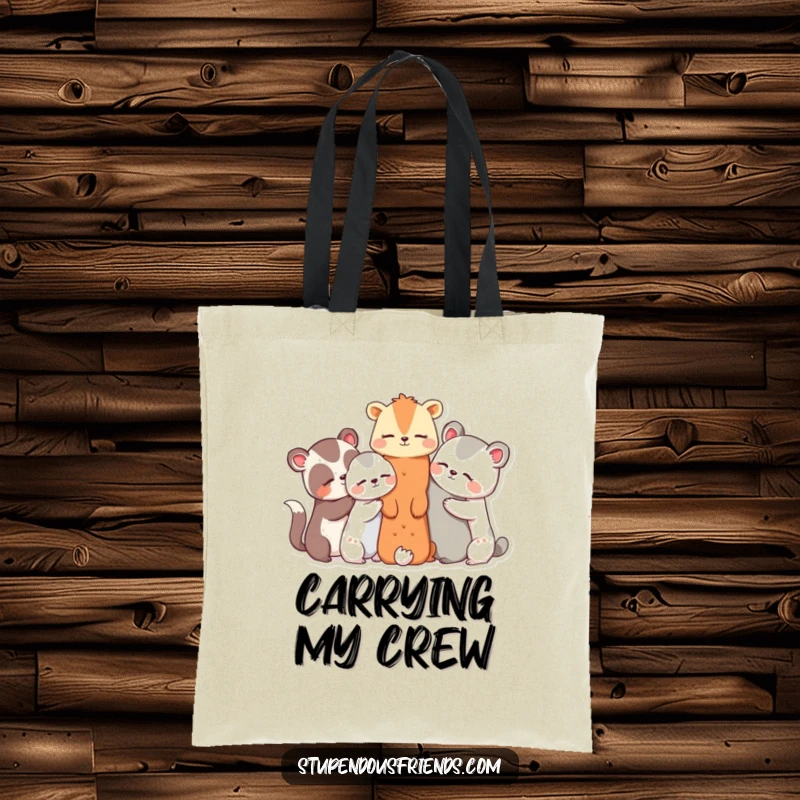 Funny tote bag featuring a group of animal characters huddled together, sharing secrets and erupting in happy giggles.