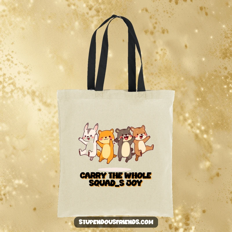 Funny animal characters performing a hilarious synchronized leap, depicted on a durable tote bag for a touch of playful humor.