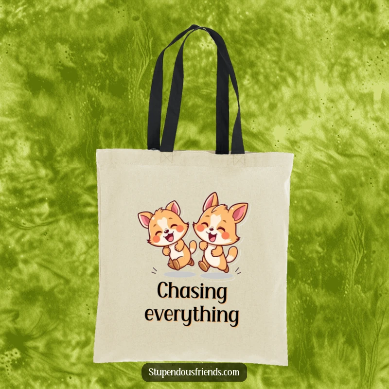Funny tote bag with two animals in a playful chase, symbolizing energy and fun for shopping and daily use.