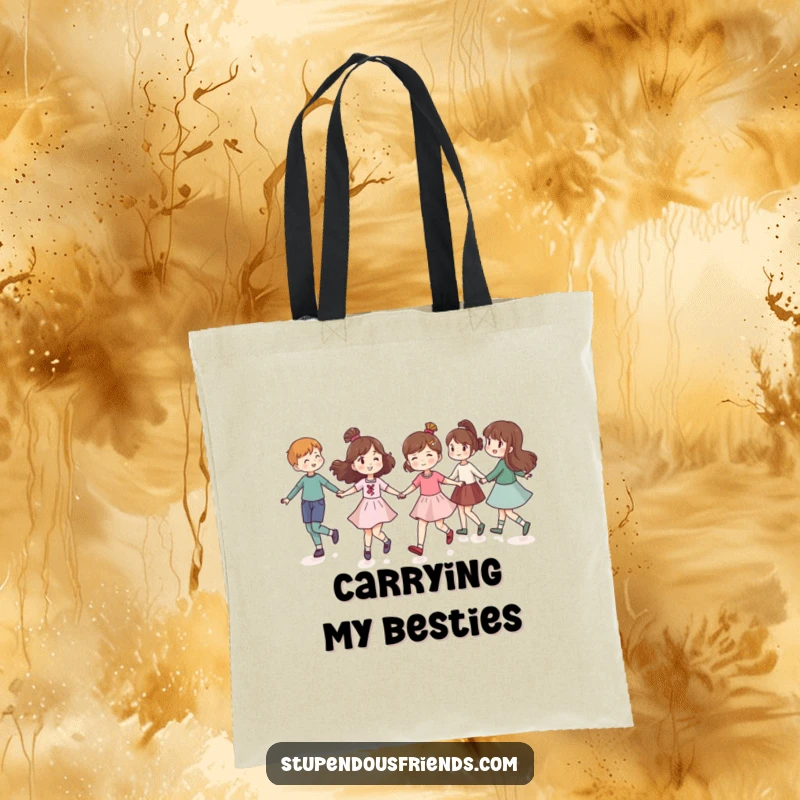 Funny tote bag showing friends holding hands and skipping in a circle, perfect for carrying items with a humorous, communal spirit.