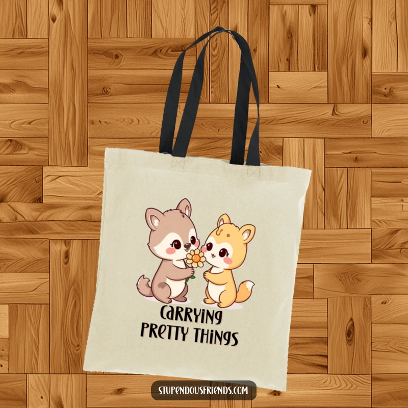 Funny Tote Bag: An animal character offers a flower with a warm smile, representing thoughtful gestures and sweet friendship.