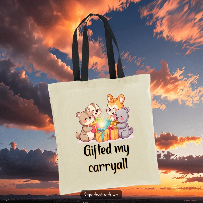 Funny tote bag featuring cheerful animal characters swapping colorful gifts with big, happy smiles, perfect for shoppers.