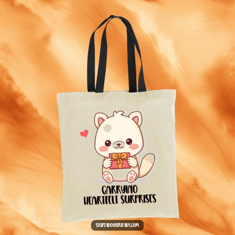 Funny tote bag with an animal presenting a handmade gift, perfect for carrying thoughtful items. A practical funny gift.