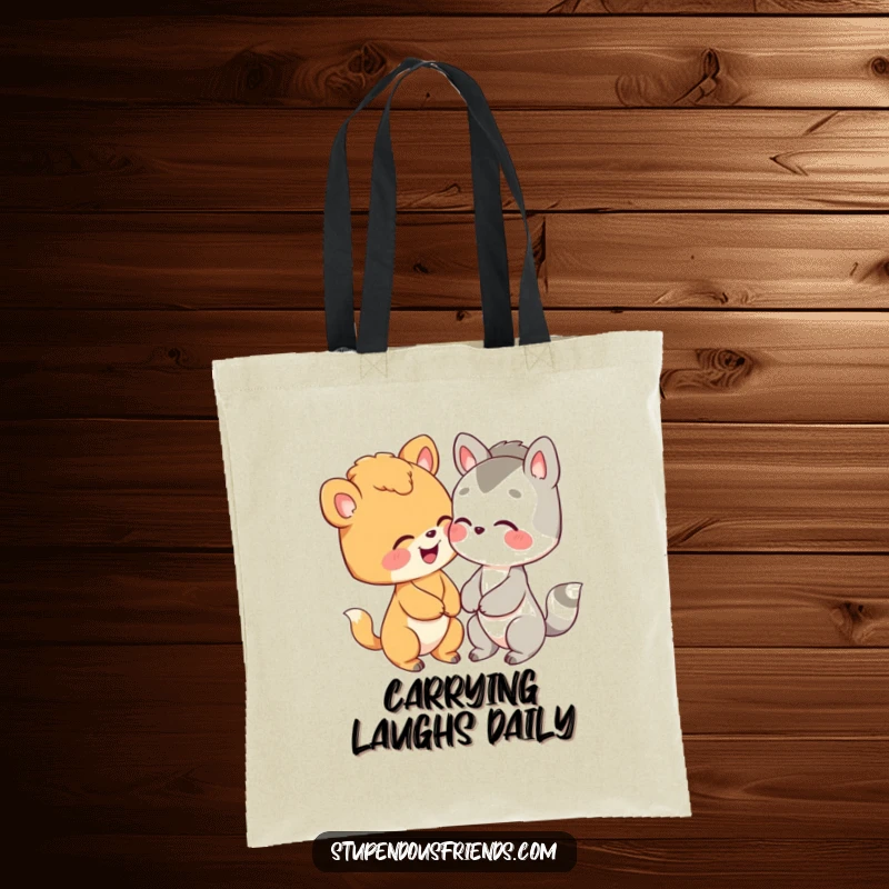 Funny tote bag with two endearing animals whispering and giggling, ideal for shopping and everyday use.