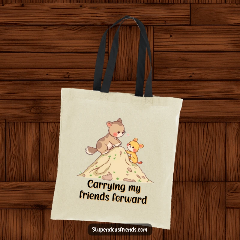 Funny Tote Bag illustrating an animal helping another up a hill, perfect for everyday use and carrying a message of support.