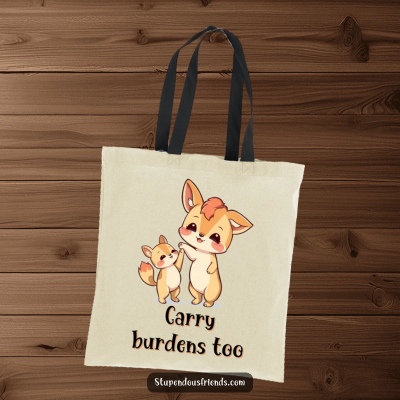 Funny tote bag depicting an animal character extending a paw to lift another character, representing helpfulness and support.