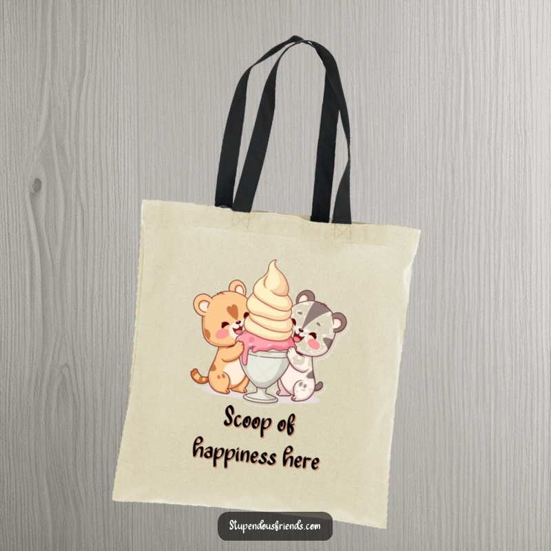 Funny animals sharing a huge scoop of ice cream with delight, featured on a practical and humorous tote bag for everyday use.