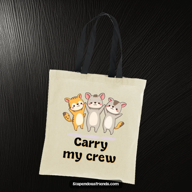Funny tote bag showcasing a circle of energetic animal characters holding hands and jumping high with pure happiness.
