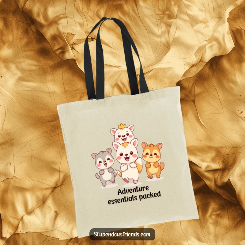 Funny Kawaii animal leading friends on an adventure on a durable tote bag, a humorous and inspiring accessory for gifting.