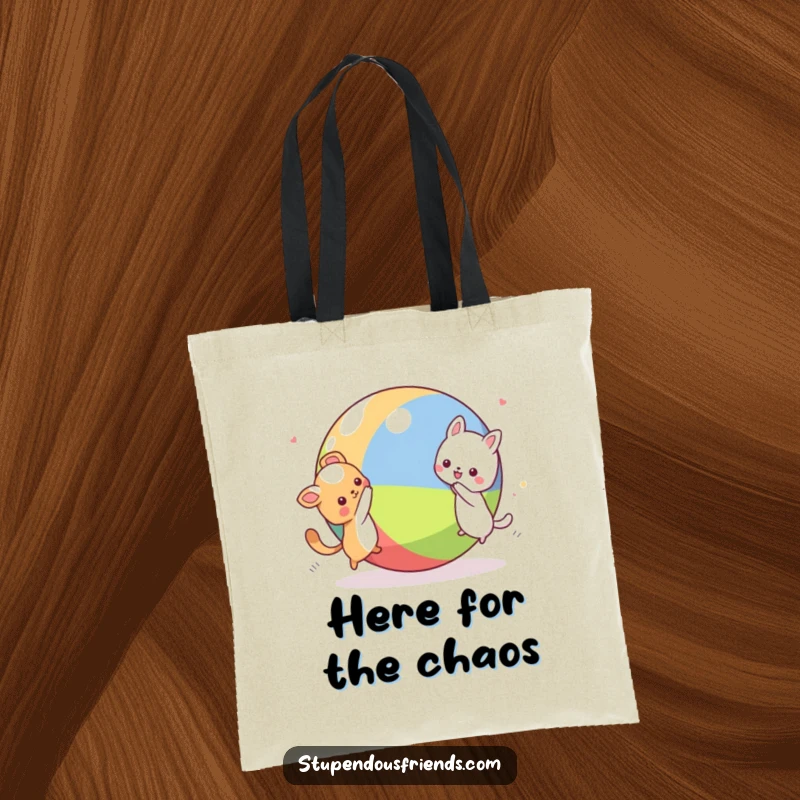 Funny Kawaii animal characters in a lively chase around a massive ball, printed on a durable tote bag, a great humorous gift idea.
