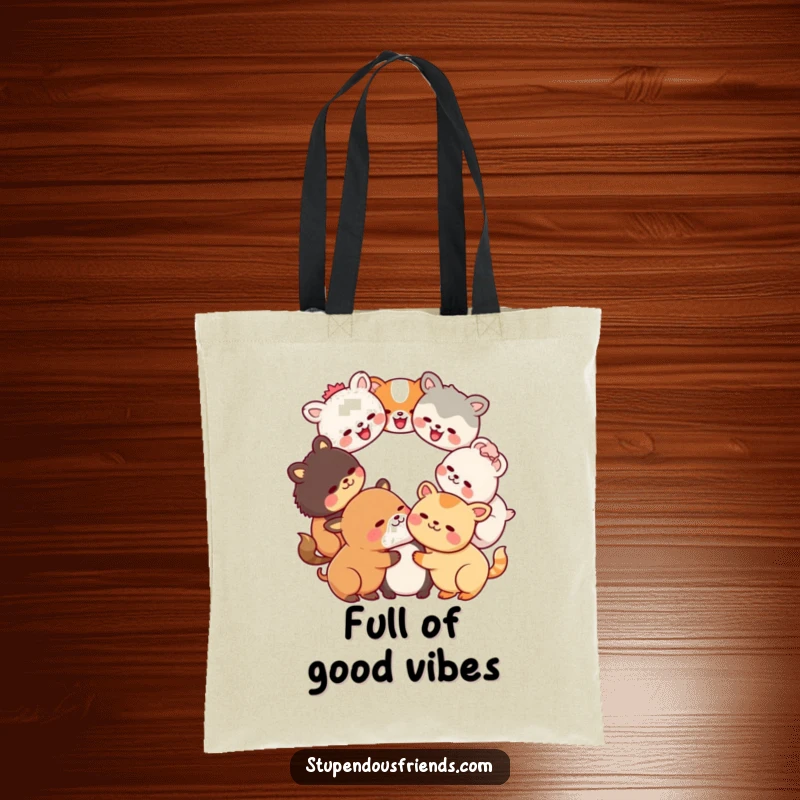 Funny Kawaii animals creating a laughing circle on a durable tote bag, a humorous and joyful accessory for gifting.
