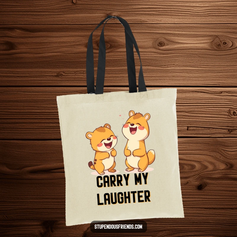 Funny tote bag showcasing two animals in fits of laughter from a shared joke, perfect for carrying items with a smile.