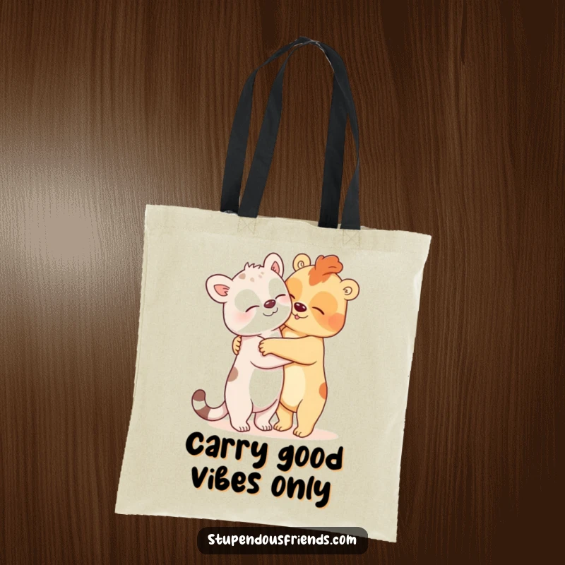 Funny Tote Bag featuring two animals in a comically large hug, perfect for stylishly carrying items while showcasing a humorous and heartwarming scene.