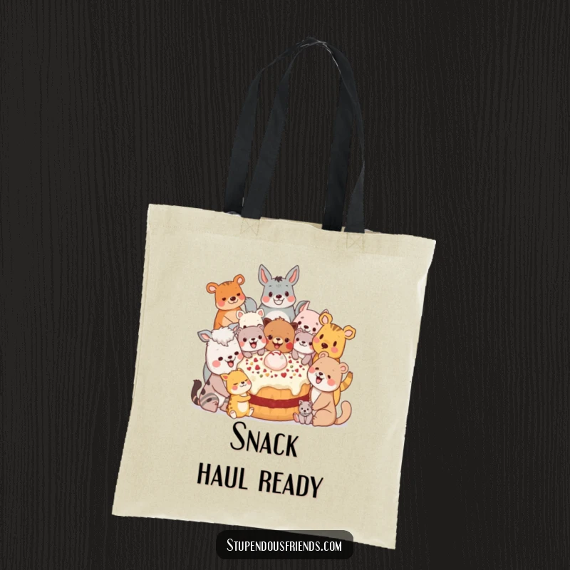 Funny Tote Bag: A diverse group of animal characters happily sharing a large, inviting treat, perfect for carrying goodies.