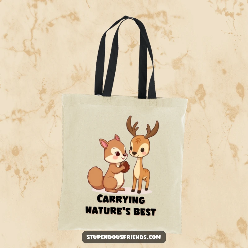 Funny Tote Bag illustrating a squirrel offering a nut to a deer, perfect for carrying everyday items with woodland charm.