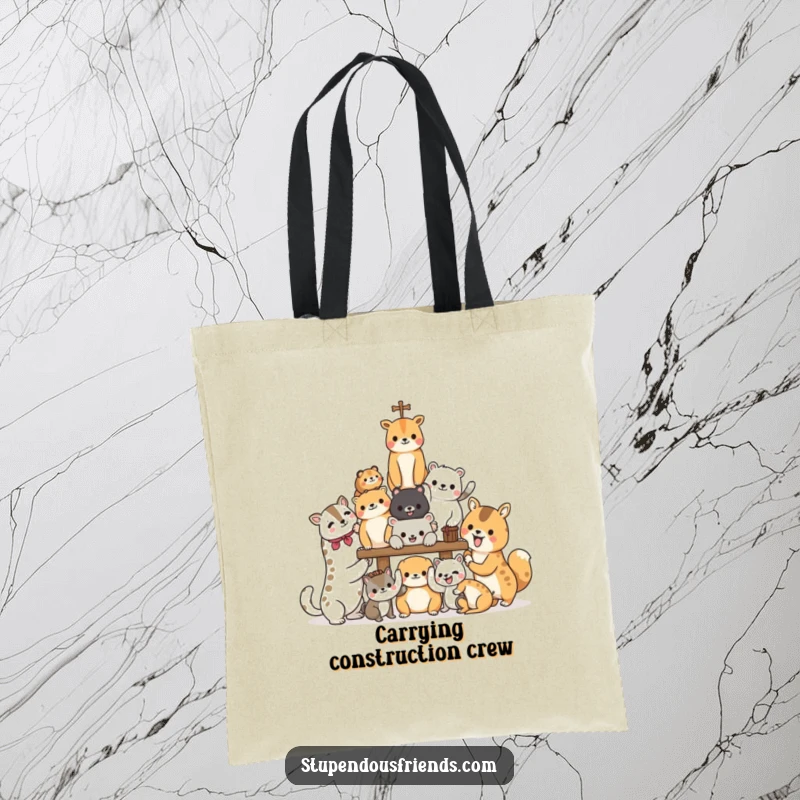 Funny Tote Bag with animal characters joyfully building a structure, a humorous and practical accessory promoting teamwork and shared effort.