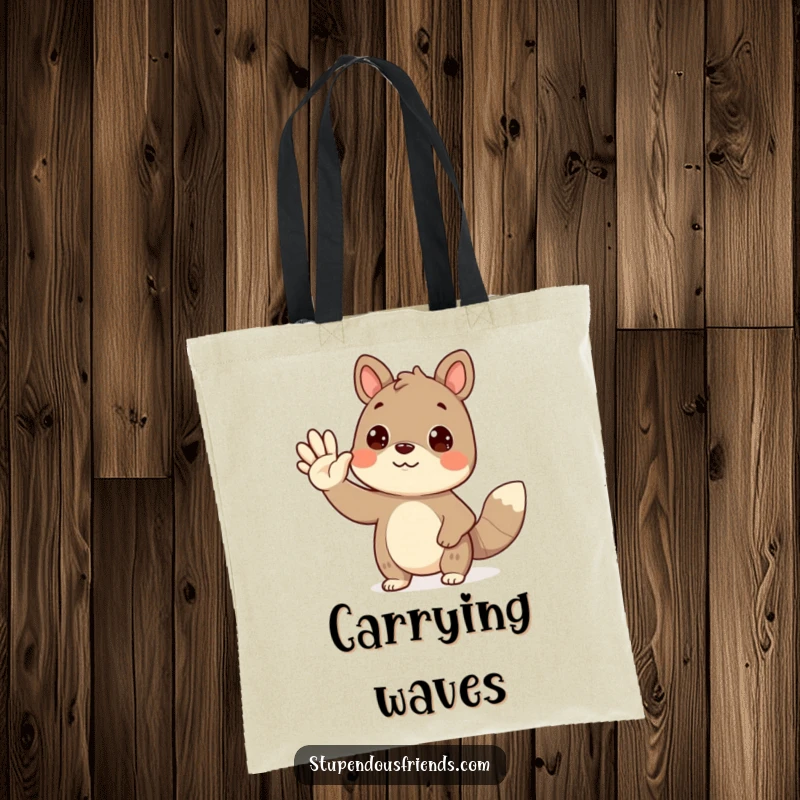 Funny waving animal tote bag showing a cute creature waving hello, perfect for carrying friendly vibes and necessities.