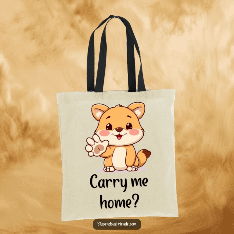Funny tote bag showcasing a cute animal character extending its paw in a friendly, humorous, and funny welcoming gesture. A stylish and funny accessory.