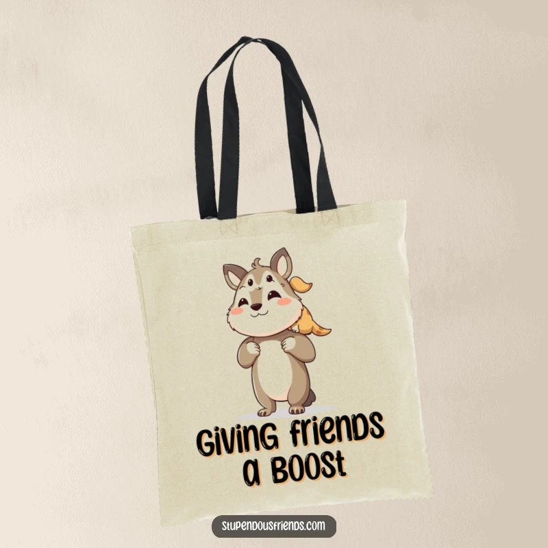 Funny tote bag with an animal character proudly lifting a smaller friend, symbolizing encouragement and mutual respect.