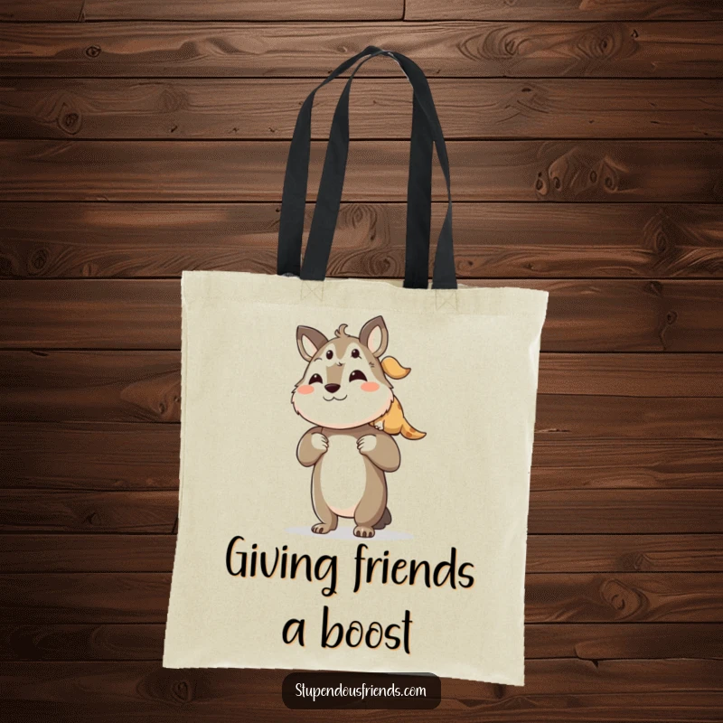 Funny tote bag with an animal character proudly lifting a smaller friend, symbolizing encouragement and mutual respect.